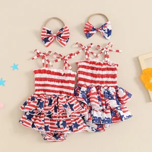 Toddler Patriotic Print Romper with Matching Bow Headband