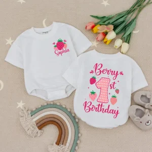 Custom Strawberry First Birthday Baby Romper