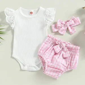 Adorable Baby Girl Plaid Fly Sleeve Romper and Head Band Set