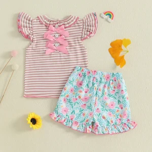 Girls Floral Print Striped Flying Sleeve Tops and Shorts 2 Pcs Set