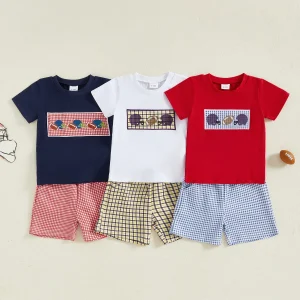 Adorable Infant Boy Casual Wear Embroidered Tee and Plaid Shorts Set