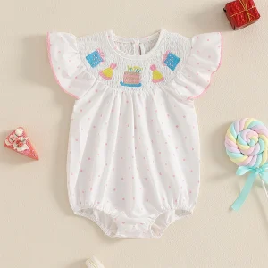 Sweet Cupcake Embroidery and Flutter Sleeves Romper