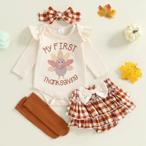 Thanksgiving Baby Girls Turkey Print Romper with Plaid Shorts Matching Headband and Socks for a Festive Look
