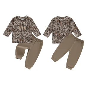 Toddler Boy Camouflage Long Sleeve Round Neck Pullover + Elastic Waist Solid Pants 2 Pcs Set