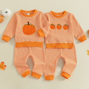 2-piece Outfit, Long Sleeve Crew Neck Embroidery Pumpkin Sweatshirt with Striped Sweatpants