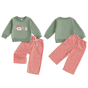 Toddler Baby Santa Applique Long Sleeve Sweatshirt with Plaid Elastic Waist Pants 2 Piece Set