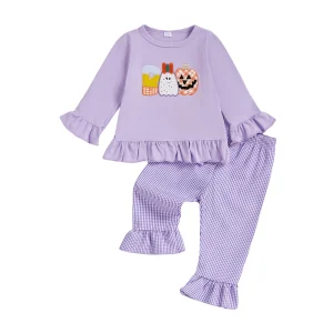 2Pcs Toddler Baby Girl Halloween Pumpkin Print Sweatshirt and Plaid Bell-Bottoms Pants