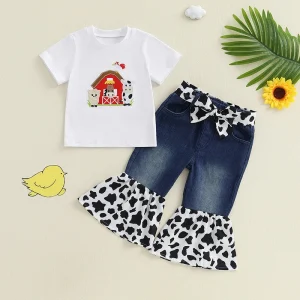 Toddler Girl Farm Outfits Cow Embroidery Short Sleeve T-Shirt with Denim Patchwork Flare Pants and Headband 3 Pcs Set