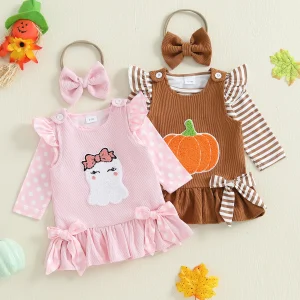 Infant Baby Girl Fall Long Sleeve Striped/Dot Romper Sleeveless Ghost/Pumpkin Bow Dress with Headband 3Pcs Outfit