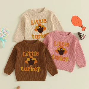 Infant Thanksgiving Sweater with Turkey Embroidery and Crewneck Design