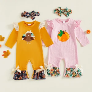 Baby Girl Long Sleeve Embroidery Pumpkin/Turkey Jumpsuit with Headband